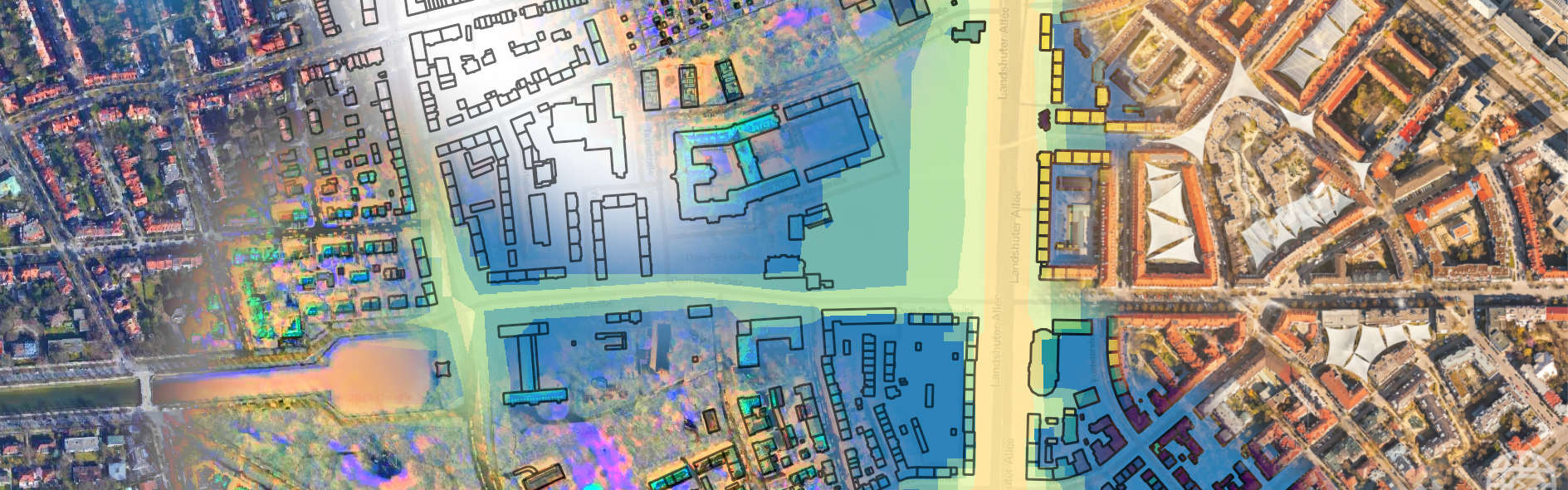 Aerial view of an urban environment in Munich, Bavaria, Germany, showcasing RGB, multispectral, and multimodal data for building extraction, environmental noise mapping, and AI-generated vision for climate adaptation planning in 2010.