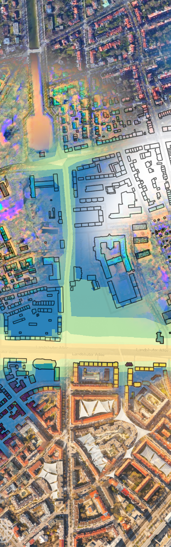 Aerial view of an urban environment in Munich, Bavaria, Germany, showcasing RGB, multispectral, and multimodal data for building extraction, environmental noise mapping, and AI-generated vision for climate adaptation planning in 2010.